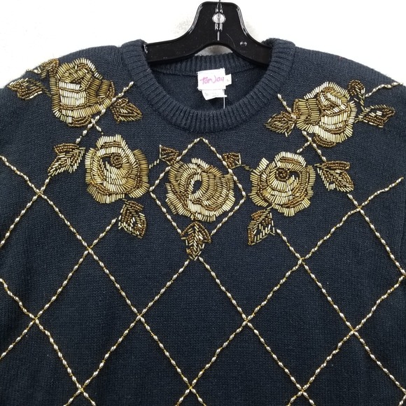 Vintage Tan Jay Tunic Women L Black Beaded Roses Argyle Y2K Oversized Sweater - Picture 4 of 10